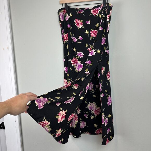 Vtg 90s Maxi Skirt XL Black Floral Straight Line Slit Cottage Granny Teacher Y2K - Picture 4 of 10